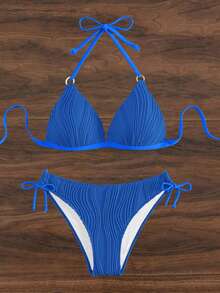Women's Solid Color Wavy Jacquard Fabric Backless Hanging Neck Bikini Two Pieces Set, Essential For Island Travel And Vacation Outfits - Royal Blue - View 3
