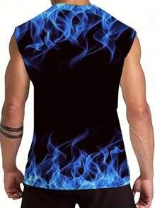 Plus Size Men's Casual Flame Print Tank Top, Sportswear T-Shirt Suitable For Outdoor & Streetwear