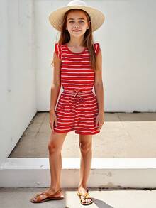 Summer Red & White Striped Jumpsuit For Tween Girl - Red - View 1