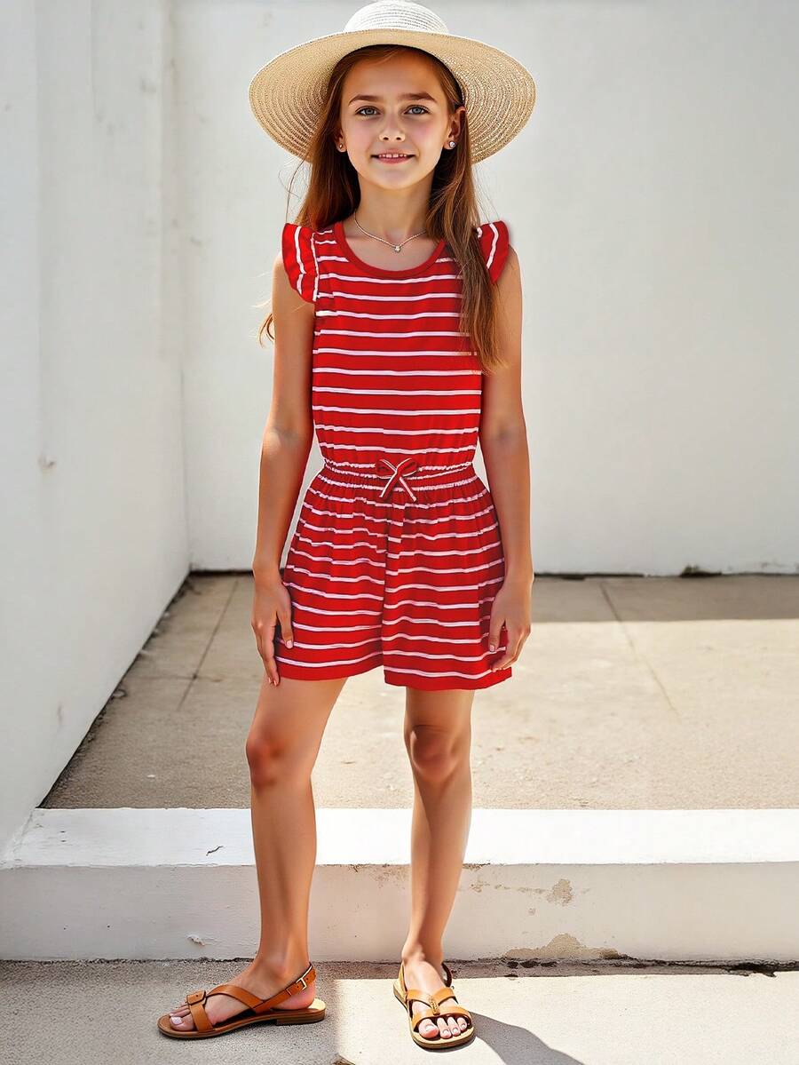Summer Red & White Striped Jumpsuit For Tween Girl - Red - View 1