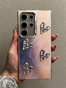 Carcasă de telefon elegantă cu model de pene laser, cu motive încrețite și inimioare, compatibilă cu Samsung Galaxy S25 S24 Ultra Plus S23Ultra A55 A54 A15 A14 5G, cu placă de lux, protecție pentru lentila camerei, rezistentă la șocuri - Fire de pene de argint - Vizualizare 3