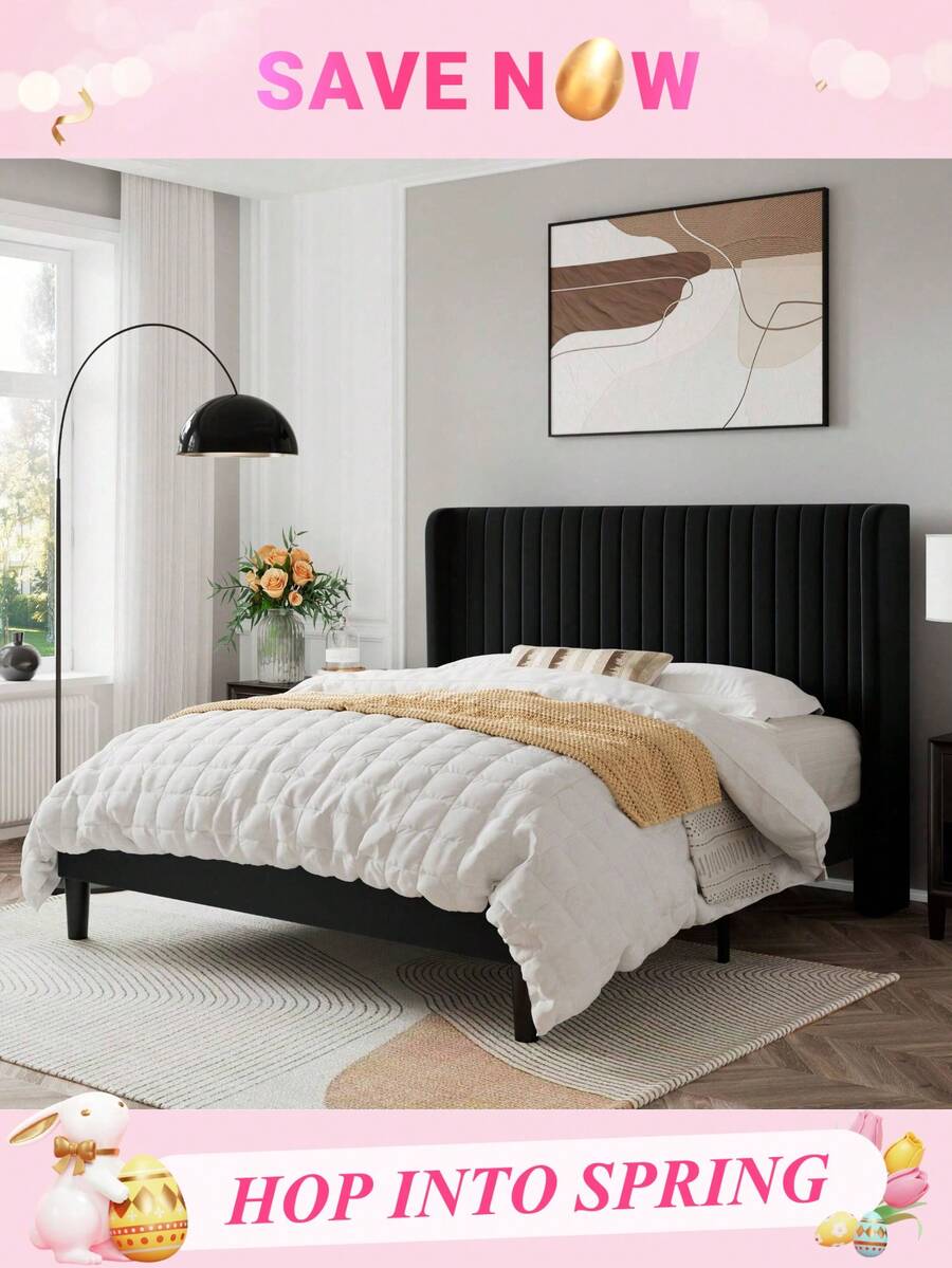 Allewie Full/Queen/King Size Velvet Bed Frame/Vertical Channel Tufted Wingback Headboard/Upholstered Platform Bed/Strong Wooden Slats/No Box Spring Needed/Easy Assembly/Blue/Black/White/Green/Teal/Pink/Grey * Bed Frame Queen Queen Bed Frame Bed Frame Full Full Size Bed Frame King Size Bed Frame Twin Bed Frame Room Decor Home Decor Christmas Decor Bedroom Decor Valentine Day Decor Storage Living Room Decor Furniture House Decor - 黑色 - 查看 1