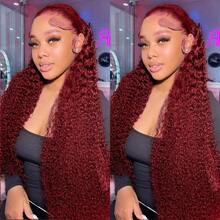 Burgundy Curly 13x4 Hd Lace Frontal Wig Human Hair Brazilian 13x4 Water Deep Wave 99J Red Colored Wig For Women 30 34Inch - S99J - 查看 6