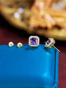 1 Pair 925 Sterling Silver Purple Amethyst Cubic Zirconia Square Stud Earrings For Women, Fine Jewelry Wedding Bridal Party Accessories, Holiday Gift