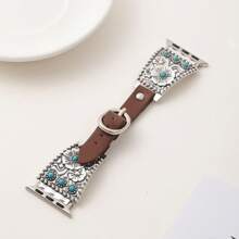 1pc Retro Turquoise Leather Metal Watch Strap Compatible With Apple Watch Strap Series Ultra 2 SE 10 9 8 7 6 5 4 3 2 1 Silver Floral Bracelet Watch Band Compatible With Apple Watch Band 38mm 40mm 41mm 42mm 44mm 45mm 46mm 49mm