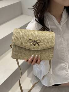 1pc Khaki Straw Woven Metal Buckle Bowknot Decor Fashion Versatile Casual Oblique Shoulder Bags, Suitable For Ladies' Daily Use - Khaki - View 4