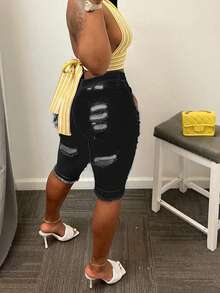 Women's Casual Distressed Raw Hem Denim Shorts With Pockets - Black - View 6