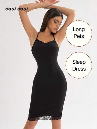 1 件女式春夏新款蕾丝拼布吊带裙，优雅成熟纯色休闲无袖汗衫裙，适合室内/室外穿着