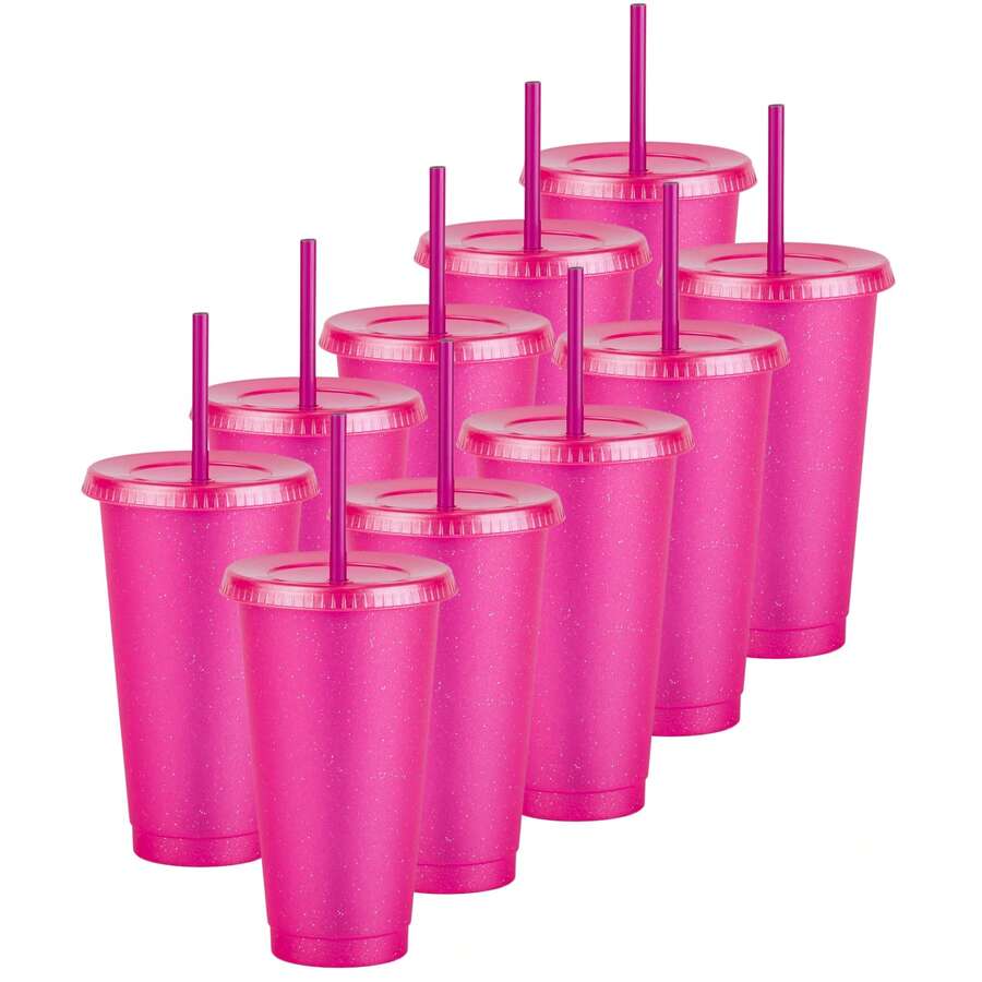 Paquete 20 Vasos Reusables Con Popote Para Bebidas Frías 24 Oz - Rosa Glitter Translucido - Ver 1