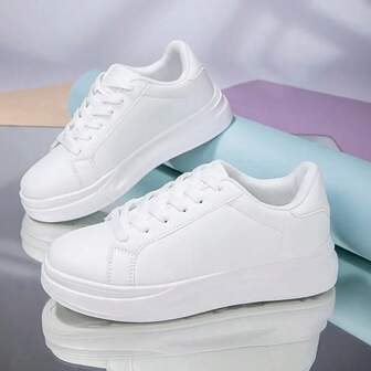 New Thick Sole Pure White Breathable Casual Sneakers, Versatile Sporty Platform Shoes, Comfortable Soft Bottom Flat Shoes For Women
