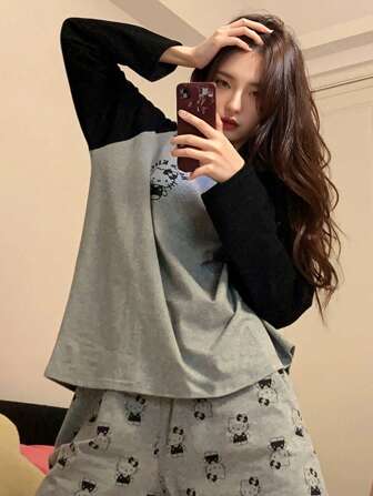 Sanrio Women's Cute Cartoon Hello Kitty Sleepwear Pajama Set, Long Sleeve Round Neck Top And Pants, Comfortable Loose Fit, Suitable For Spring, Autumn, Summer, Fall Winter Clothes