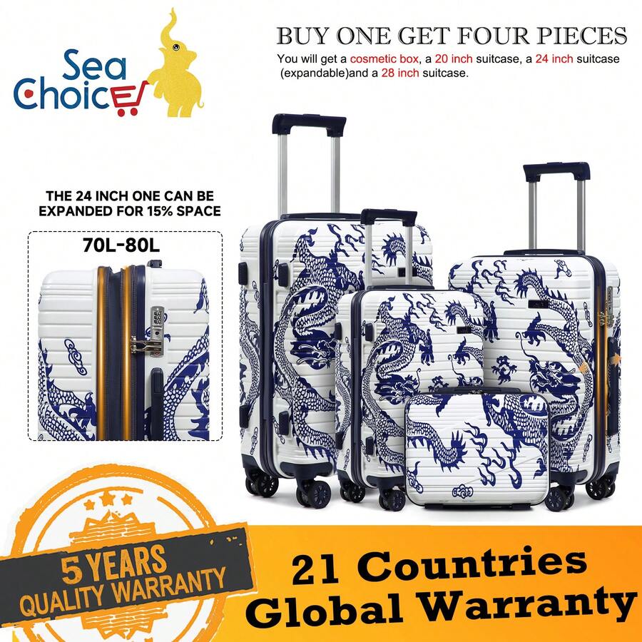 Sea choice Kofferset 3tlg. Hartschalen Trolley Koffer PC Handgepäck Set mit Beautycase Reisekoffer mit YKK Reißverschluss TSA-Schloß und 4 Rollen S/M/L/XL (L Koffer Erweiterbar) - Blau - Übersicht 1