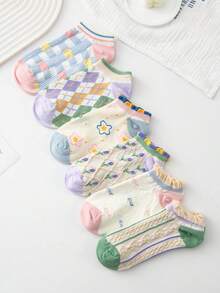 1/5/10 Pairs Women Cute Lace Trim Socks, Ditsy Floral Short Socks, No Show Socks In Fashionable, Sweet Style For Spring, Summer, Autumn - Multicolor - View 3