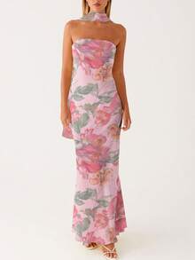 Womens Floral Strapless Dress Y2k Backless Sleeveless Tube Maxi Long Dresses Sexy Mesh Bodycon Summer Beachwear - Dusty Pink - View 1