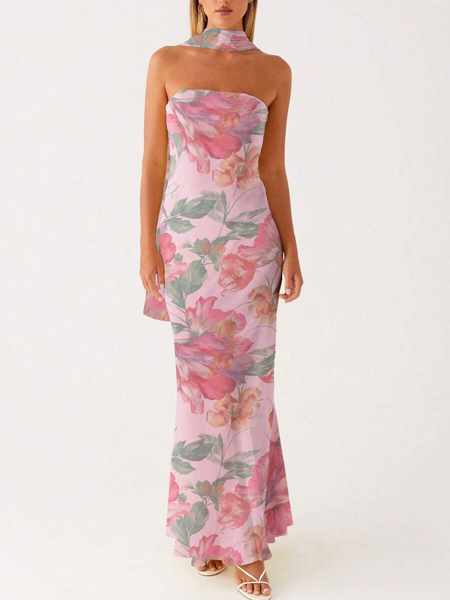 Womens Floral Strapless Dress Y2k Backless Sleeveless Tube Maxi Long Dresses Sexy Mesh Bodycon Summer Beachwear - Dusty Pink - View 1