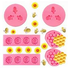 Silicone Mold Set With Bee, Honeycomb, Sunflower Motifs, DIY Cake, Chocolate, Fondant Baking Decor Tool - Pink - View 1