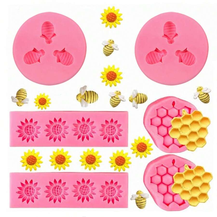 Silicone Mold Set With Bee, Honeycomb, Sunflower Motifs, DIY Cake, Chocolate, Fondant Baking Decor Tool - Pink - View 1