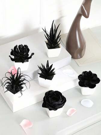 1PC /1set (6PCS) 4inch(H) Simulation Black Succulent Potted Home Living Room Bedroom Window Window Theme Party Desktop Decoration