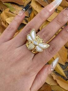 1 pieza Anillo abierto de lujo chapado en oro con marfil de nácar, zirconia y diseño de mariquita roja, adecuado para uso diario y fiestas de mujeres
