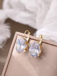 1 Pair Bling Bling Big Oval Cubic Zirconia Hoop Earrings For Women Jewelry Gift - Vàng - Xem 3