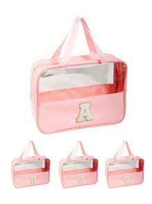 1 pièce Sac de maquillage organisateur en PVC transparent, design de lettre, sac de maquillage portable et imperméable, sac de toilette minimaliste avec patch initial, cadeau pour maman, sac de plage, accessoires de plage, serviette de plage, fournitures de plage, sac de vacances, indispensable pour les vacances d'hiver et d'automne, cadeau de la Saint-Valentin
