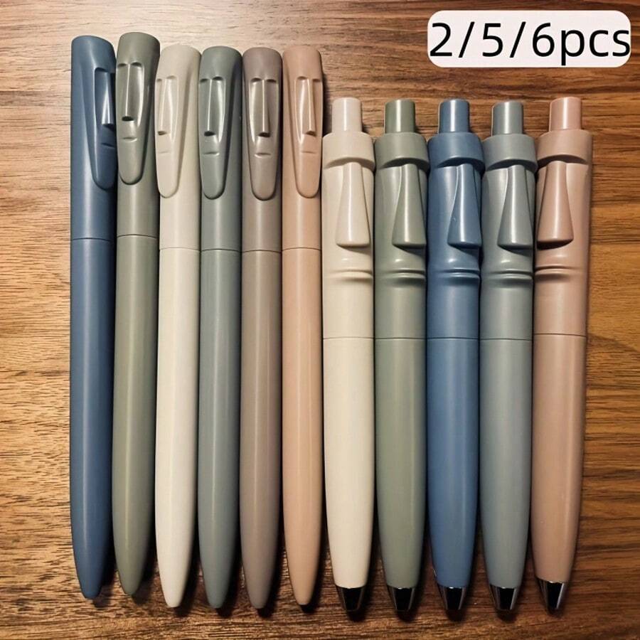 5 支复活节岛摩艾雕像可伸缩中性笔，重心低，迷你口袋笔，带大容量墨水笔芯，黑色墨水，适合学校、派对、办公室、返校季