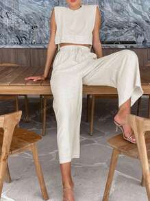 Women's Casual Fashion Solid Color Imitation Linen Material Versatile Round Neck Tie Short Top And Loose Wide-Leg Pants Two Pieces Set