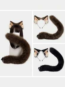 猫咪可爱腮红头饰套装、狐狸耳朵头饰套装、猫咪毛绒尾巴和狐狸尾巴套装、派对和舞台主题服装头饰万圣节 - 彩色 - 查看 11