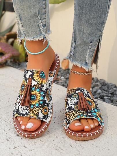 男女通用宽松舒适轻便百搭波西米亚图案帆布手工流苏装饰手工缝线防滑 TPR 牛津外底休闲凉鞋