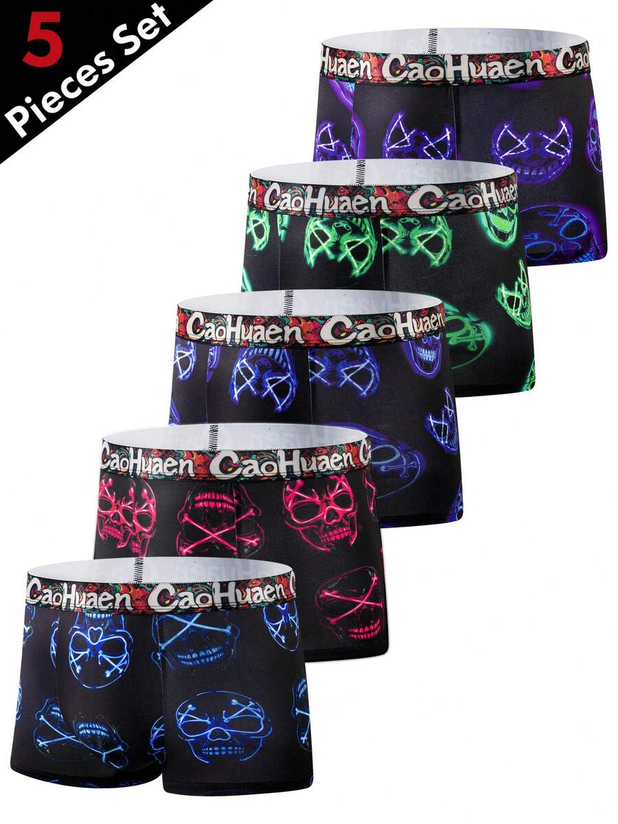 5pcs/Pack Men's Stylish Printed Breathable Quick Dry Short Boxer Briefs - Black - View 1
