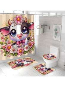 1/4pcs Cartoon Cow Print Bathroom Set, Includes Waterproof Shower Curtain, Non-Slip Mat, Toilet Lid Cover, Bath Mat And 12 Plastic Hooks, Bathroom Decor, Home Decor, Dorm Decor, Autumn, Villa Decoration Back To School