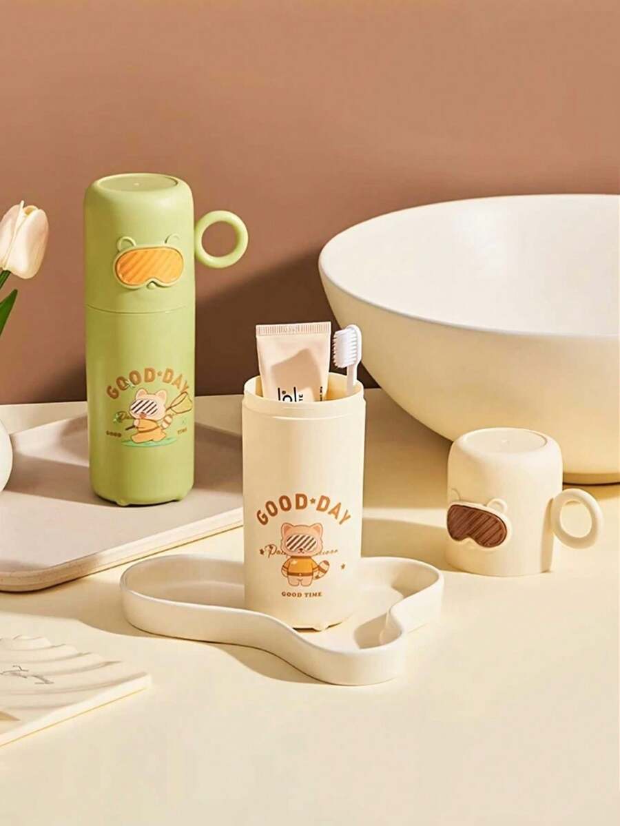 1件套卡通熊牙刷牙膏架套装，便携式旅行牙膏管盒，无香型，情侣旅行牙刷收纳盒，学生牙刷杯带盖