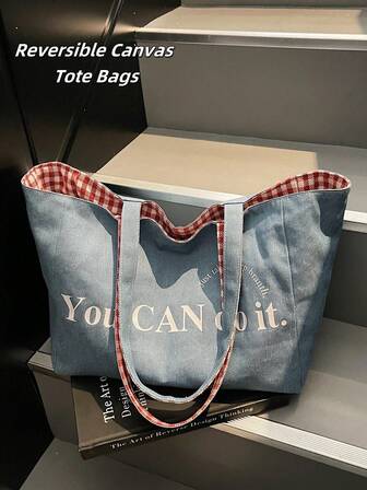 Bolso de lona con doble cara, bolso de mezclilla de primavera/verano, mochila de lona de mezclilla azul, bolso grande, bolso de mujer, bolso de compras ligero y sencillo de estilo empresarial casual, mochila de estilo artístico, adecuado para mujeres o estudiantes, perfecto para llevar libros, ir de compras, artículos de vuelta al colegio, esencial para la universidad