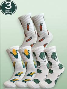 3 Pairs Soft Comfortable Casual Plant Printed Mid-Calf Socks For Men And Women - Multicolor - View 2