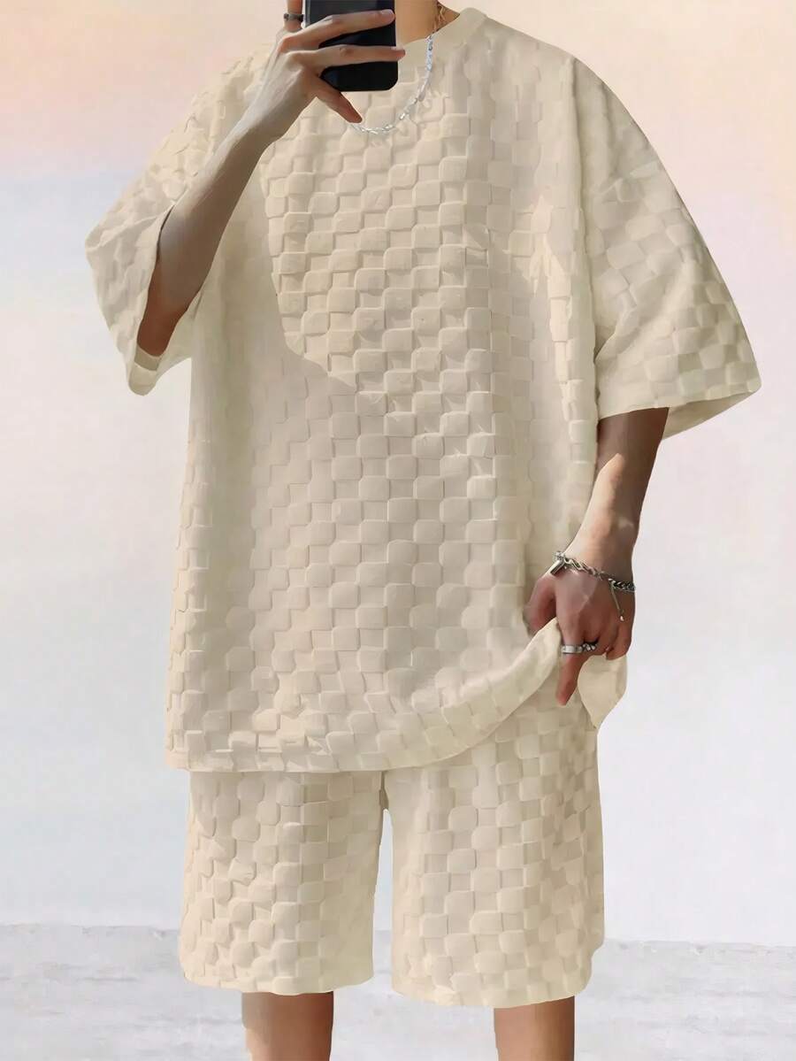 2pcs Men's Casual Solid Color Drop Shoulder Loose T-Shirt And Shorts Set, Summer, Cozy Outfits - Apricot - View 1