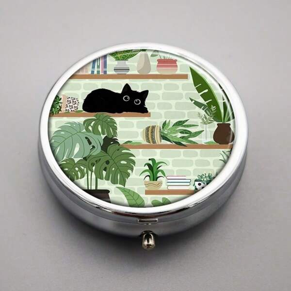 1pc Pill Box 3 Compartment Pill Case, Portable Pill Box For Pocket Or Purse Pill Box Decorative Metal Medicine Vitamin Organizer, Unique Gift, Black Cat