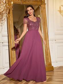 Ladies Diamond Neckline Beaded Tassel Sleeve Bridesmaid Dress, Solid Color Sequin Patchwork Waisted Chiffon A-Line Elegant Evening Gown, Birthday Women Outfits, Graduation Dress, Formal Dress, Party Dress, For Wedding Guest - 中紫紅色 - 查看 4