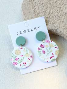 1 Pair Women's Elegant Ceramic Textured Small Yellow Flower Print Round Acrylic Earrings