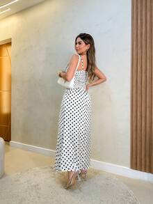 Satin Polka Dot Skirt And Crop Top Set With Cup - White - View 2