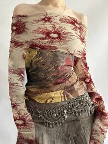 Vintage Print Slash Neck Mesh Sexy Full Sleeve Slim Fit Casual Top Y2K Retro Autumn