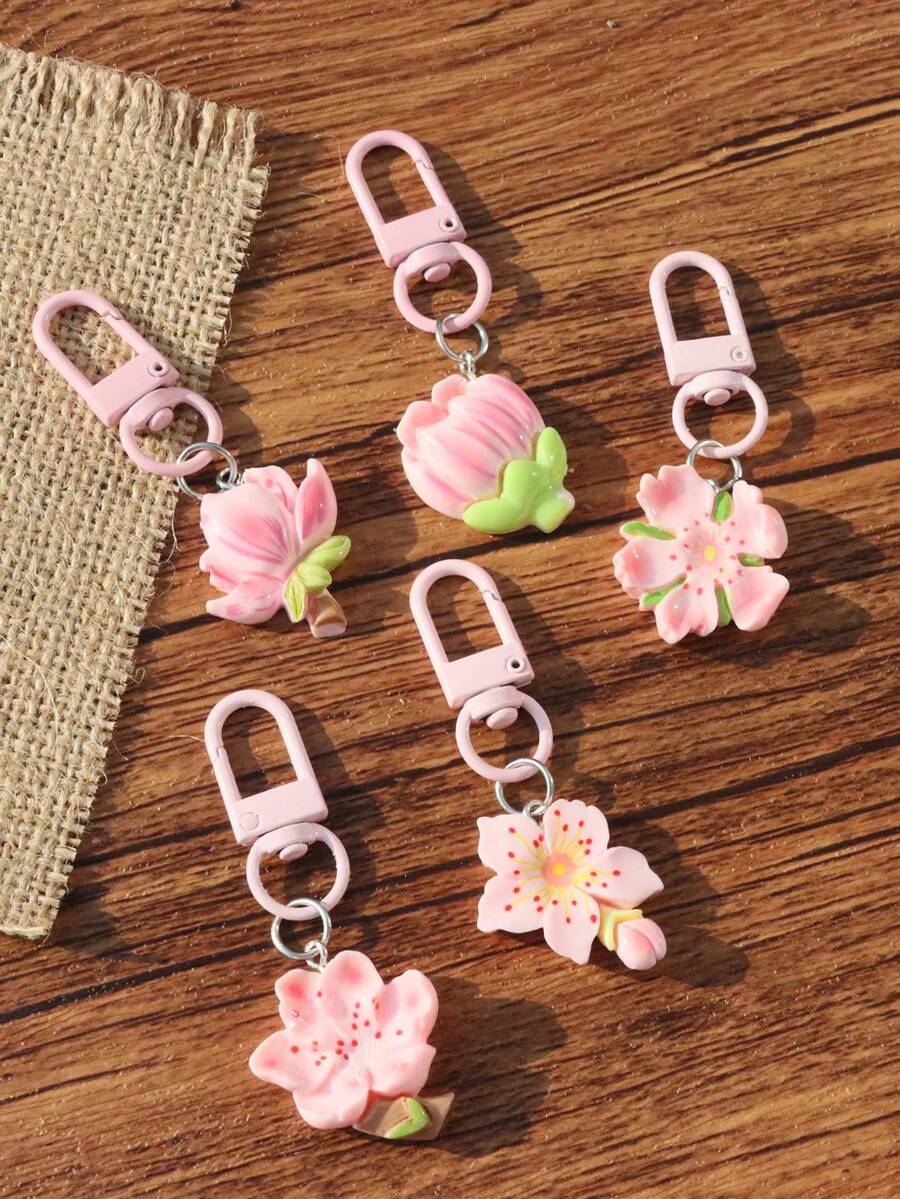 5个彩色透明小花钥匙扣，可爱钥匙圈包包挂饰，适用于耳机包、汽车配件、学校哥特风Y2K圣诞礼物创意包包配件挂绳带证件夹汽车配件包包挂饰汽车配件老师朋友姐妹