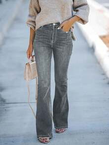 Jeans casuales de mezclilla con bolsillos y vuelo para mujer - Gris Claro - Ver 2