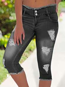 Front Button Pocket Distressed Fray Hem Skinny Cropped Jeans, Casual Daily Wear - Grey - View 2