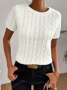 Short Sleeve Solid Color Knitted Casual Fabric With Cable Knit Pattern, Spring/Summer