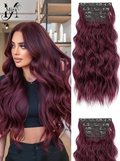 Tóc nối dài Burgundy Red Wig Clip In Synthetic Highlight Hair Extensions Dài gợn sóng 4PCS Dày tóc giả 20 inch cho phụ nữ
