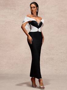 Vestido de fiesta elegante y digno para mujer con hombros descubiertos, bloqueo de color y decoración de rhinestones, para otoño/invierno, boda y primavera - Blanco y Negro - Ver 6