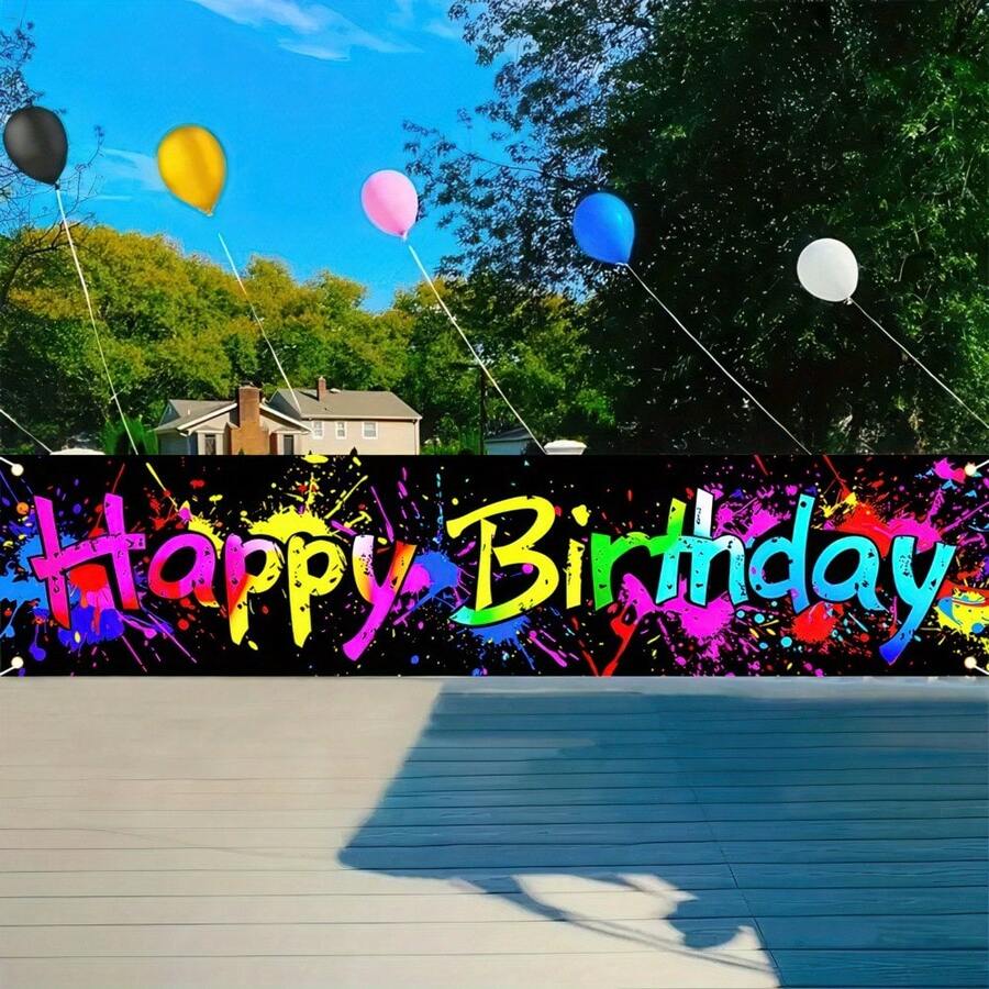 1 件涂鸦喷雾飞溅生日快乐横幅 - 由聚酯纤维制成，无需电力，适用于照相亭、嘻哈派对、家居和户外装饰、嘻哈主题装饰 | 喷雾设计 | 鲜艳的印花、嘻哈装饰 - 彩色 - 查看 1