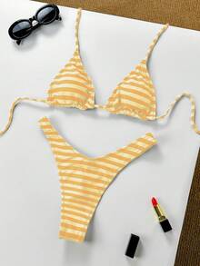 Women's Basic Striped Print Swimsuit, Suitable For Various Occasions From Pool To Beach In Summer, Daily Mini Triangle Bikini Beach Outfit - Yellow - View 3