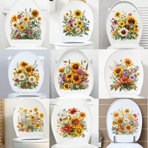 1pc Toilet Seat Lid Stickers Sunflower Bathroom Toilet Seat Lid Cover Decals Wall Sticker Removable Sunflower Bouquet Toilet Stickers For Cistern Bathroom WC Restroom Home Decor