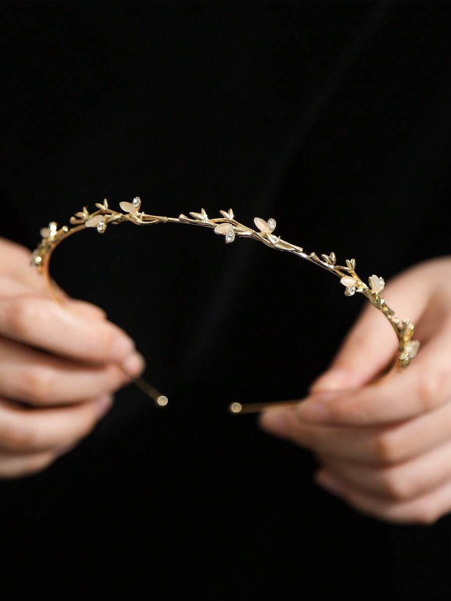 1pc Elegant Romantic Rhinestone Cat Eye Leaf Alloy Headband,Hairband,Hair Hoop,Hair Accessories Headbands Head Accessories - Gold - View 1